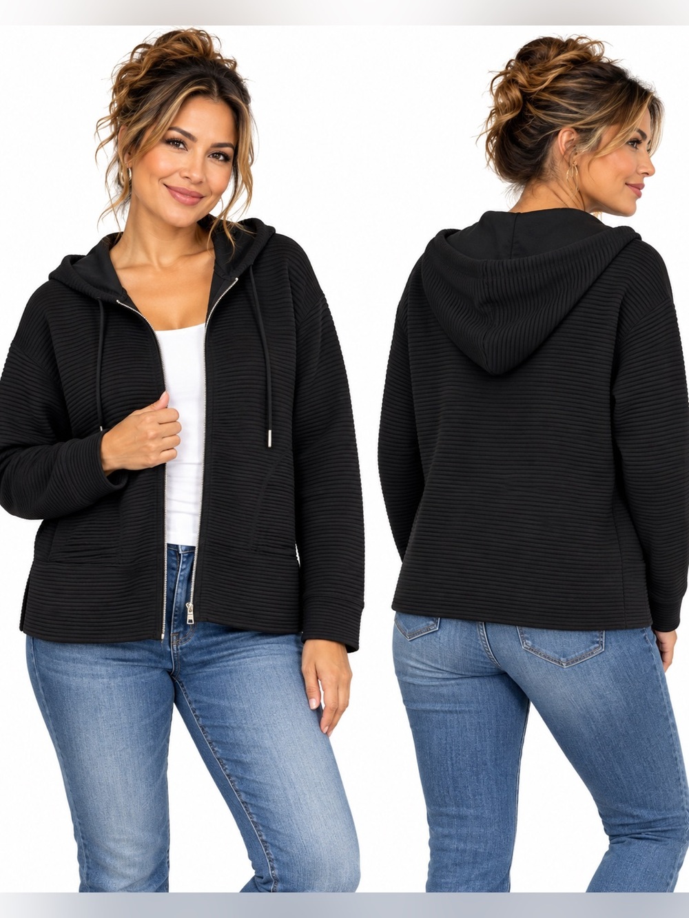 DKNY Hoodie Size M Black Ribbed Full Zip Hooded Jacket